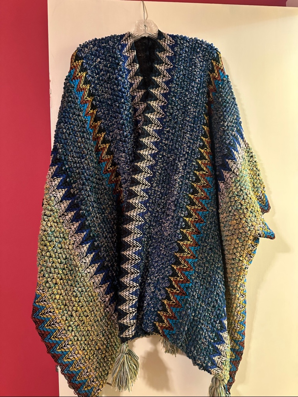 Textured Blue Zigzag Knit Poncho with Tassels